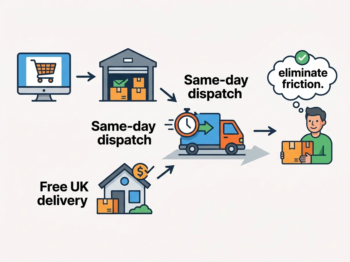 Same-day dispatch and free UK delivery eliminate friction