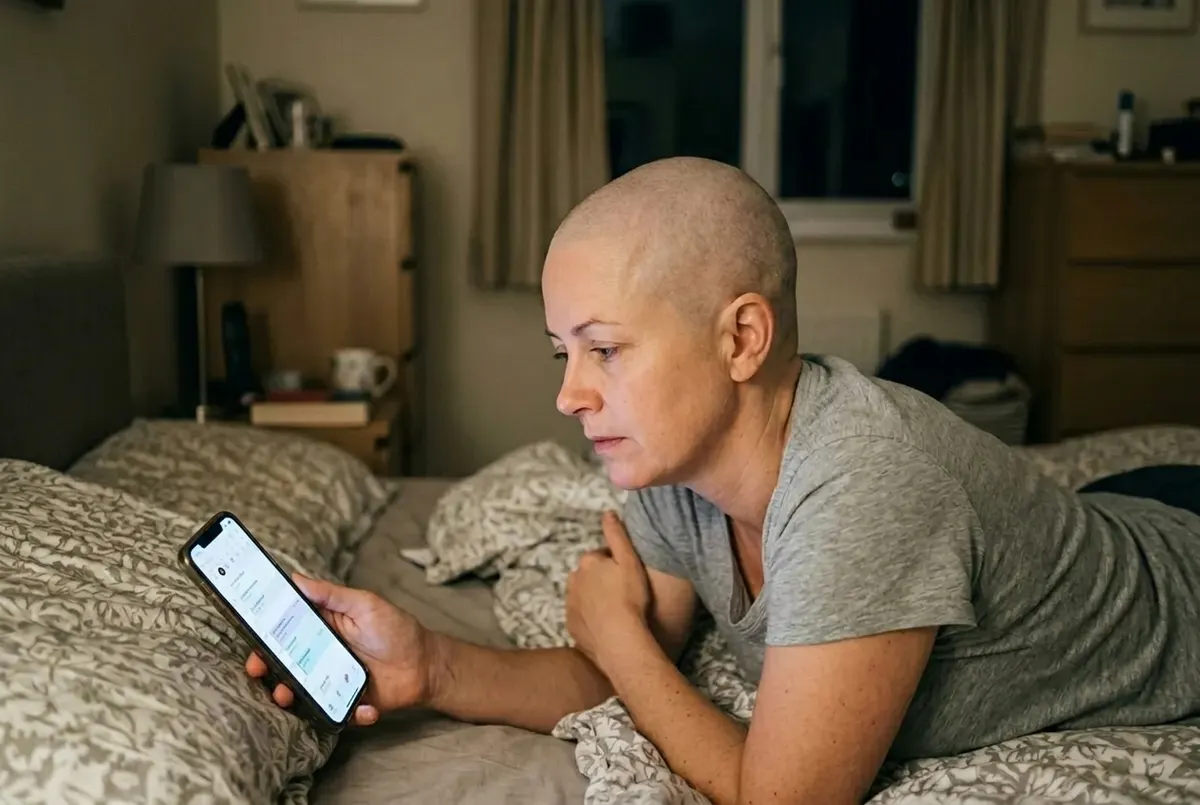 A woman in her 40s lying awake in bed at night, propped on one elbow, staring at her phone screen showing a calendar app, ...