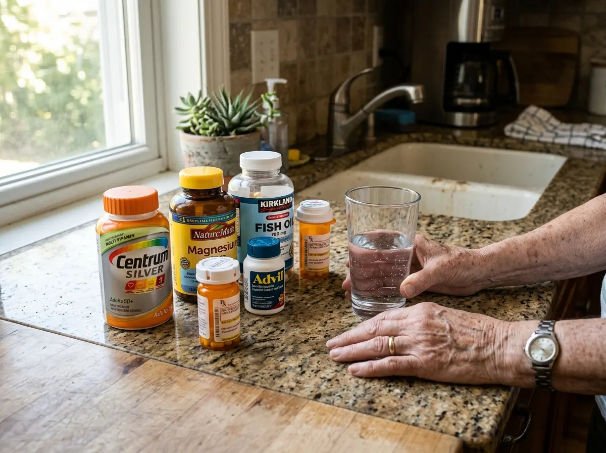 A kitchen counter at morning, pill bottles lined up beside a glass of water, seen from slightly above. An older adult's ha...