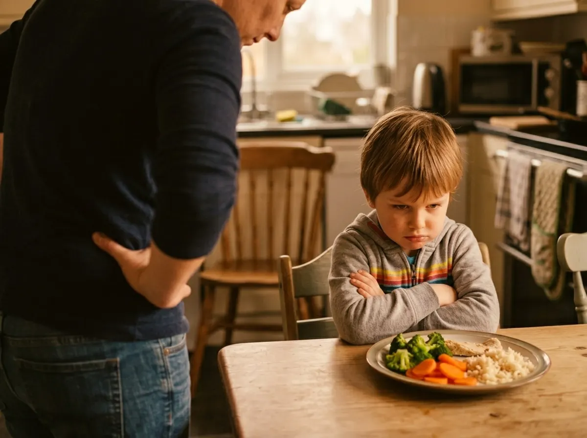 A young child aged 5-7 sitting at a dinner table, arms crossed, looking down at a plate of untouched broccoli and carrots ...
