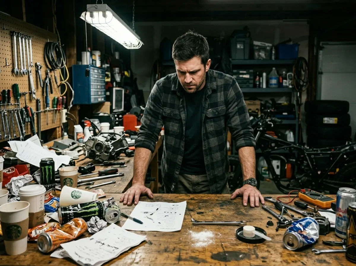 A man in his early thirties stands at a cluttered workbench in a garage, hands braced on the edge, looking down at a scatt...