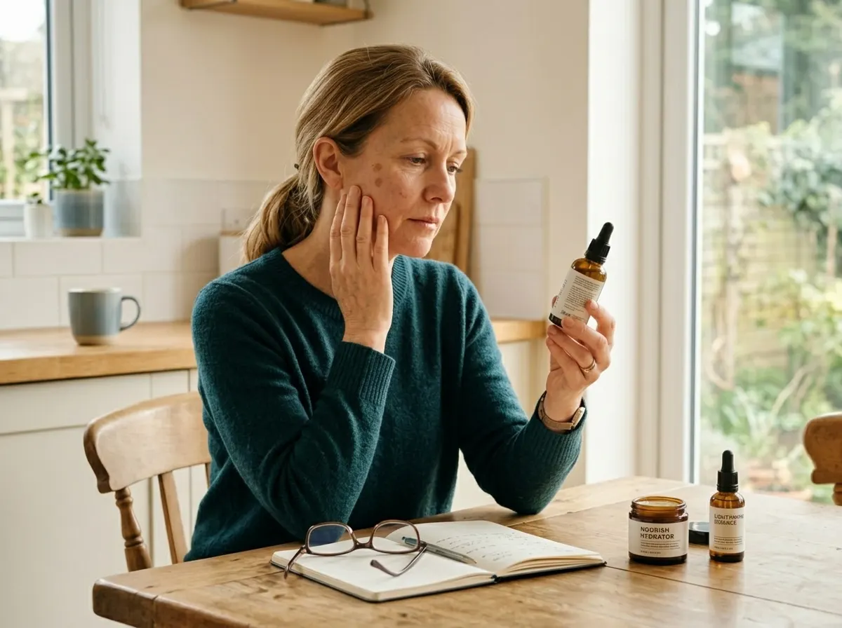 A woman in her late forties sits at a clean kitchen table in bright natural window light, reading the back label of a skin...