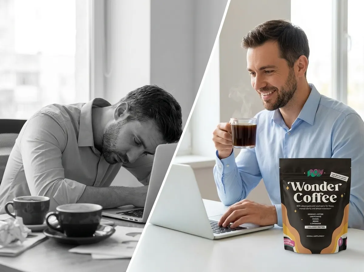 A professional in their 30s–50s at a desk mid-morning, holding a steaming mug of dark coffee with clear focus and calm ale...