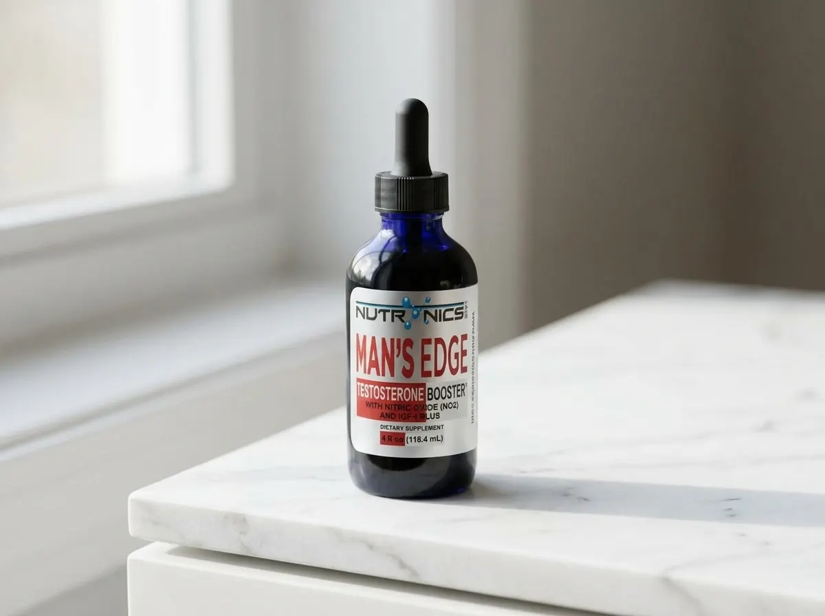 A frosted glass spray bottle of natural testosterone supplement positioned upright on a minimalist white marble surface, o...