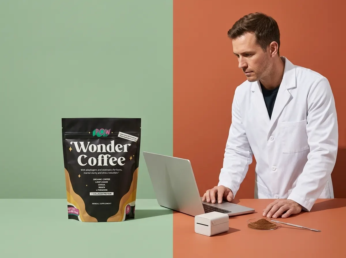 A certified lab technician or -control specialist examining a Wonder Coffee batch in a professional testing environment, h...