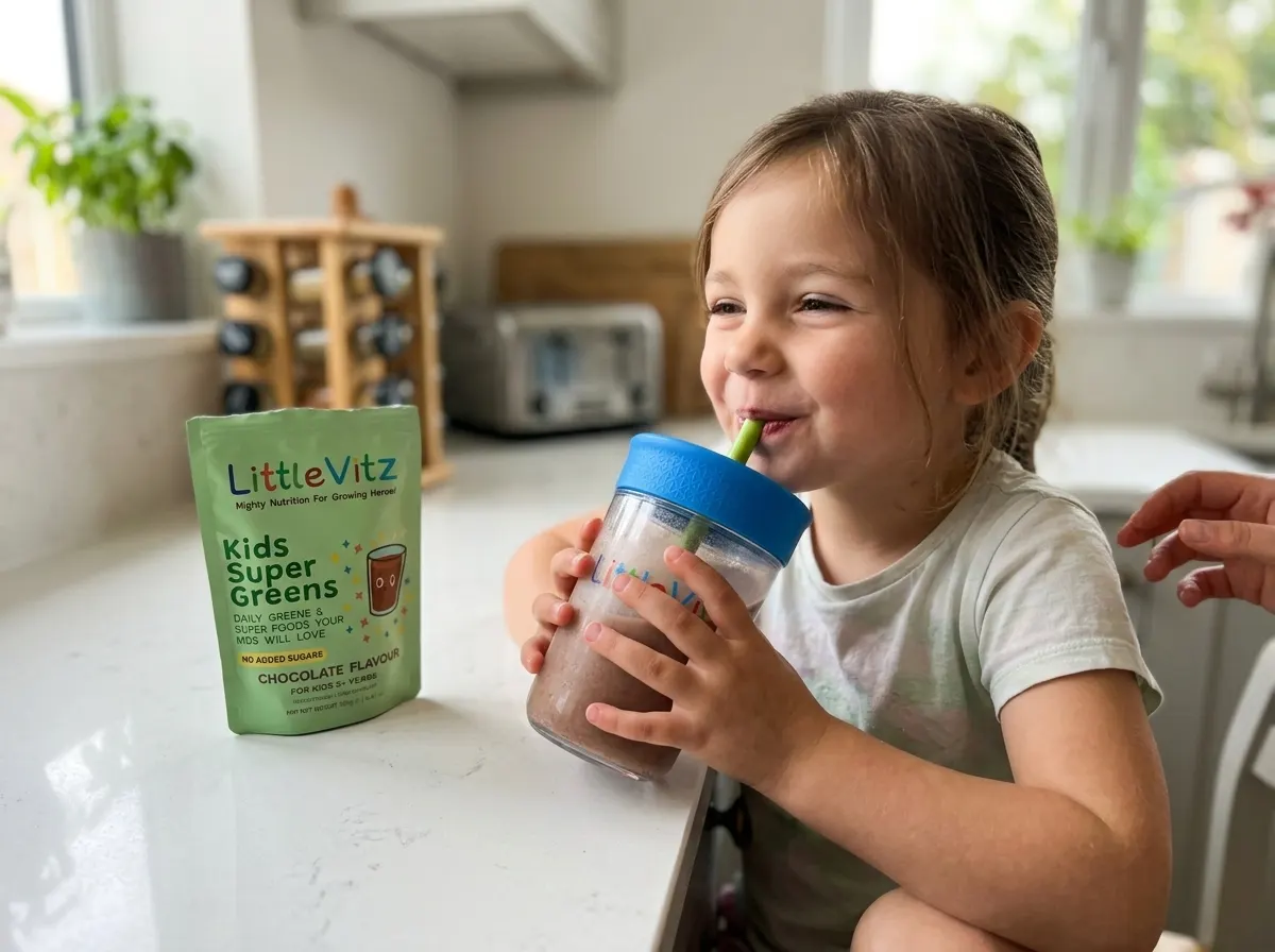 A frosted tub of chocolate-flavored children's greens powder on a bright kitchen counter next to a clear glass of chocolat...