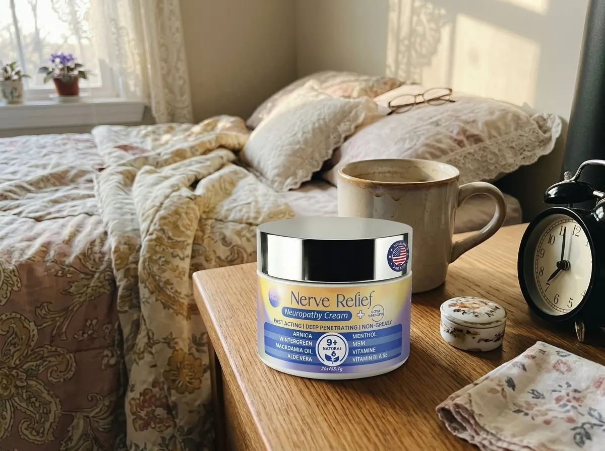 A white jar of nerve pain relief cream on a nightstand beside a coffee mug and alarm clock, warm morning light, clean uncl...