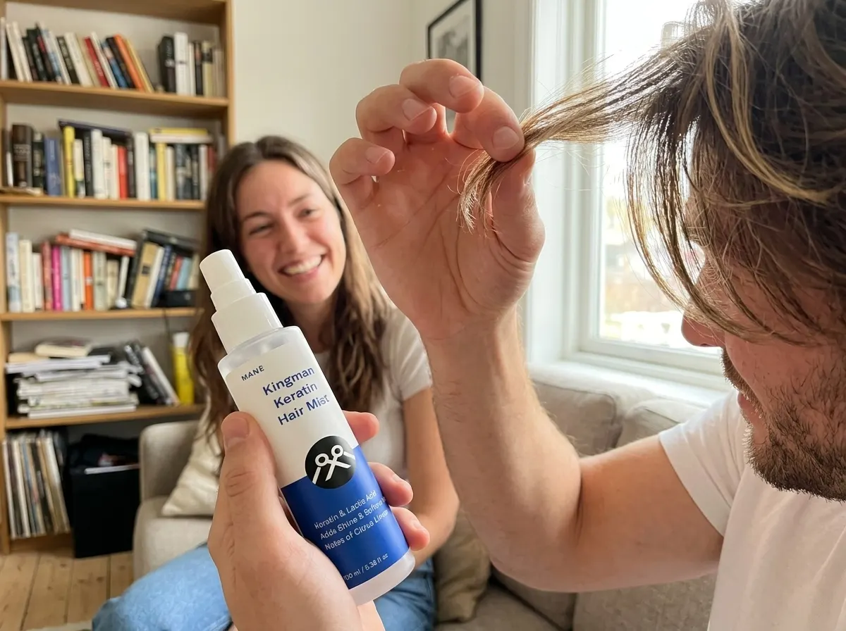 A close-up of hands gently lifting a strand of hair to examine it in bright natural daylight, face out of focus in the bac...