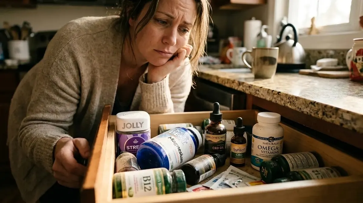 A woman's hand pulling open a cluttered kitchen drawer filled with abandoned supplement bottles—JOLLY jars, magnesium table...