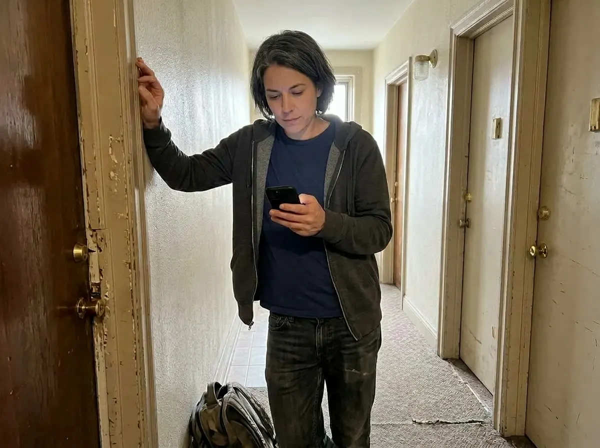A man around 40 stands in a dim hallway staring at his phone screen, one hand braced against the doorframe, posture slumpe...