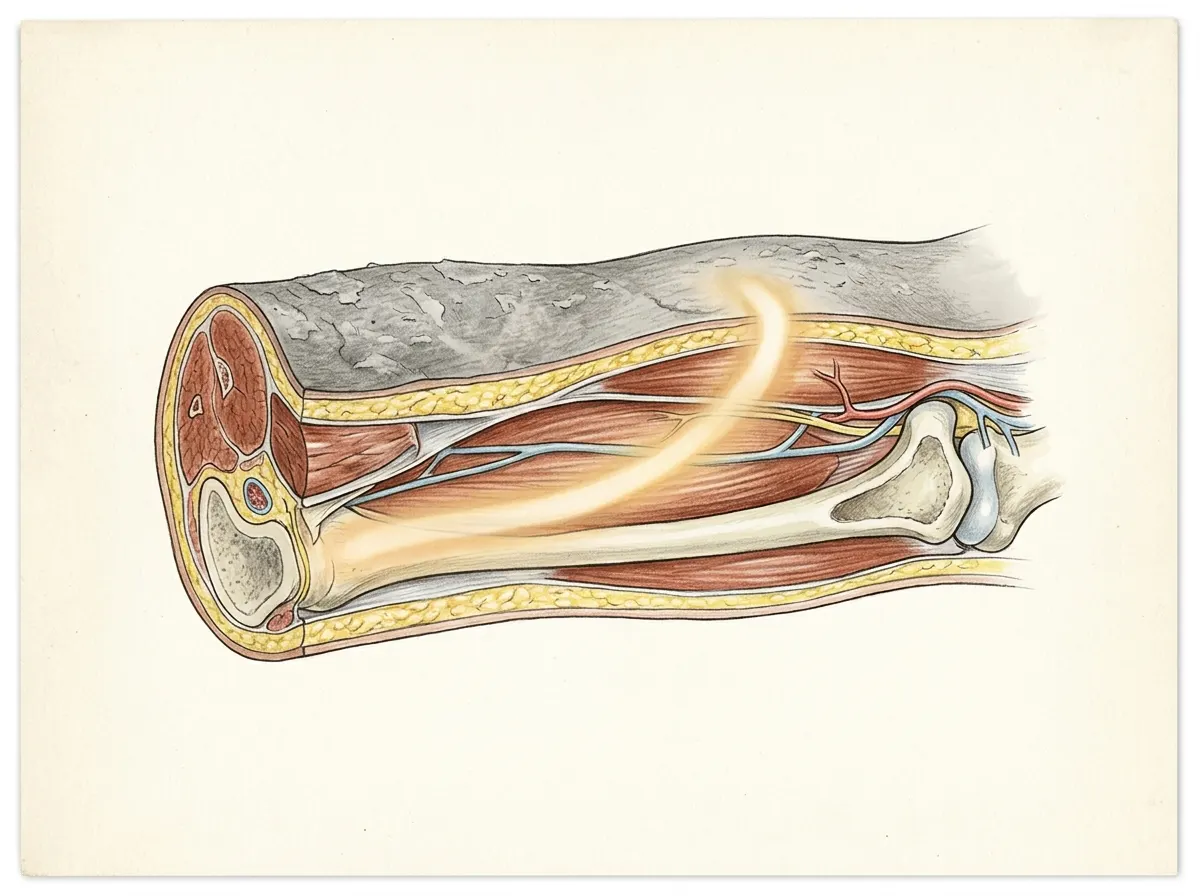 A simplified anatomical of a male forearm cross-section, centered with generous margins, showing a single glowing pathway ...