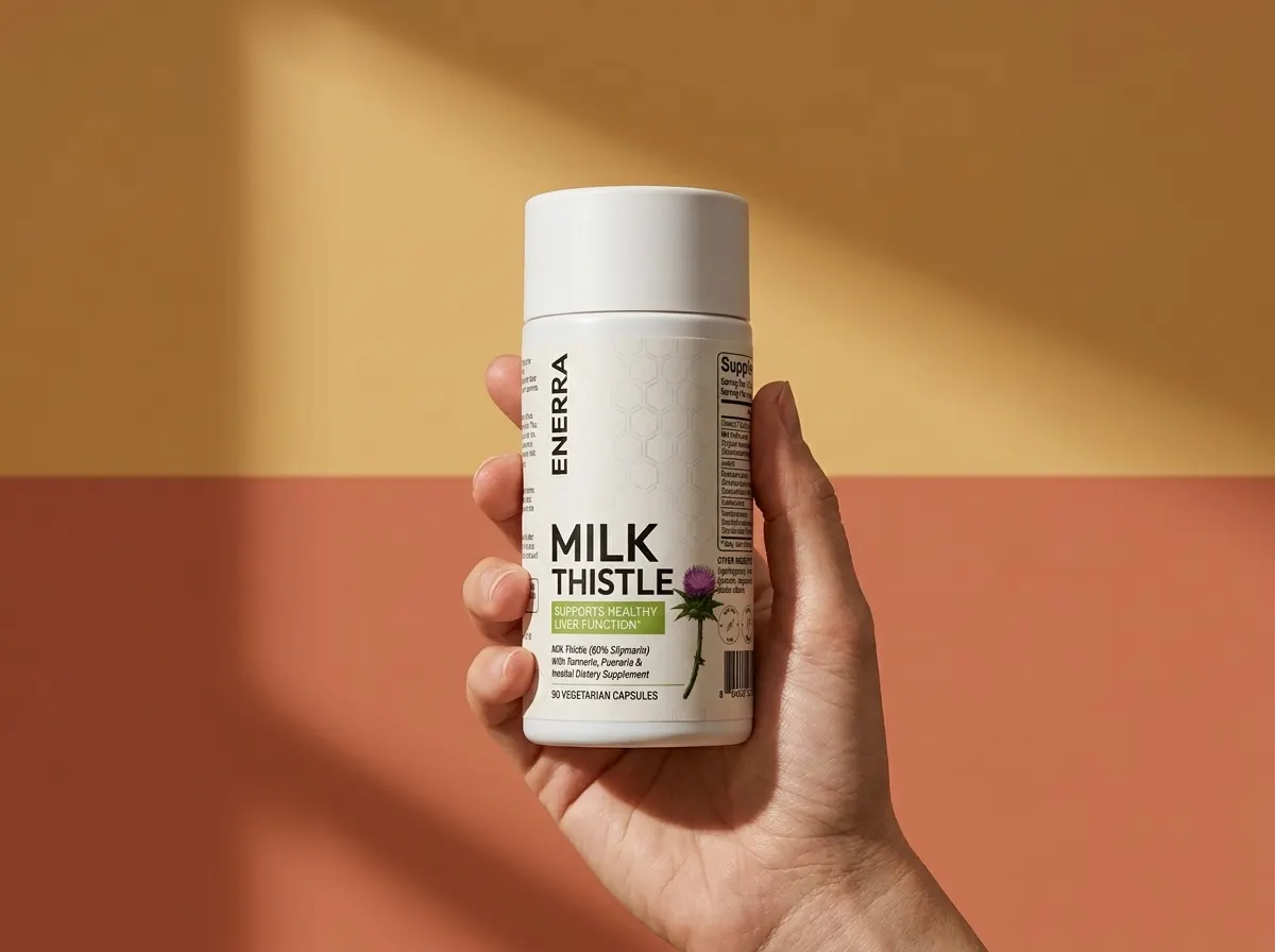 A frosted amber glass bottle of standardized milk thistle extract sitting upright on a clean wood kitchen counter in brigh...
