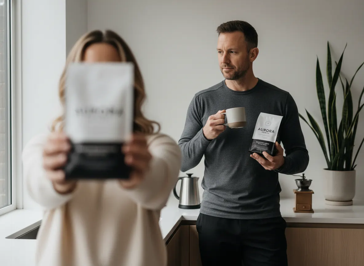 A fit professional man age 35-50 in a minimalist morning routine setting, contemplating his coffee choice with intention, ...