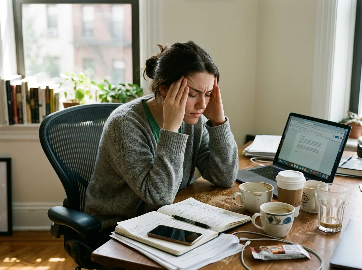 Left panel: A person at 2 p.m. slumped forward at a desk, rubbing temples, empty coffee mug from morning beside laptop, sh...
