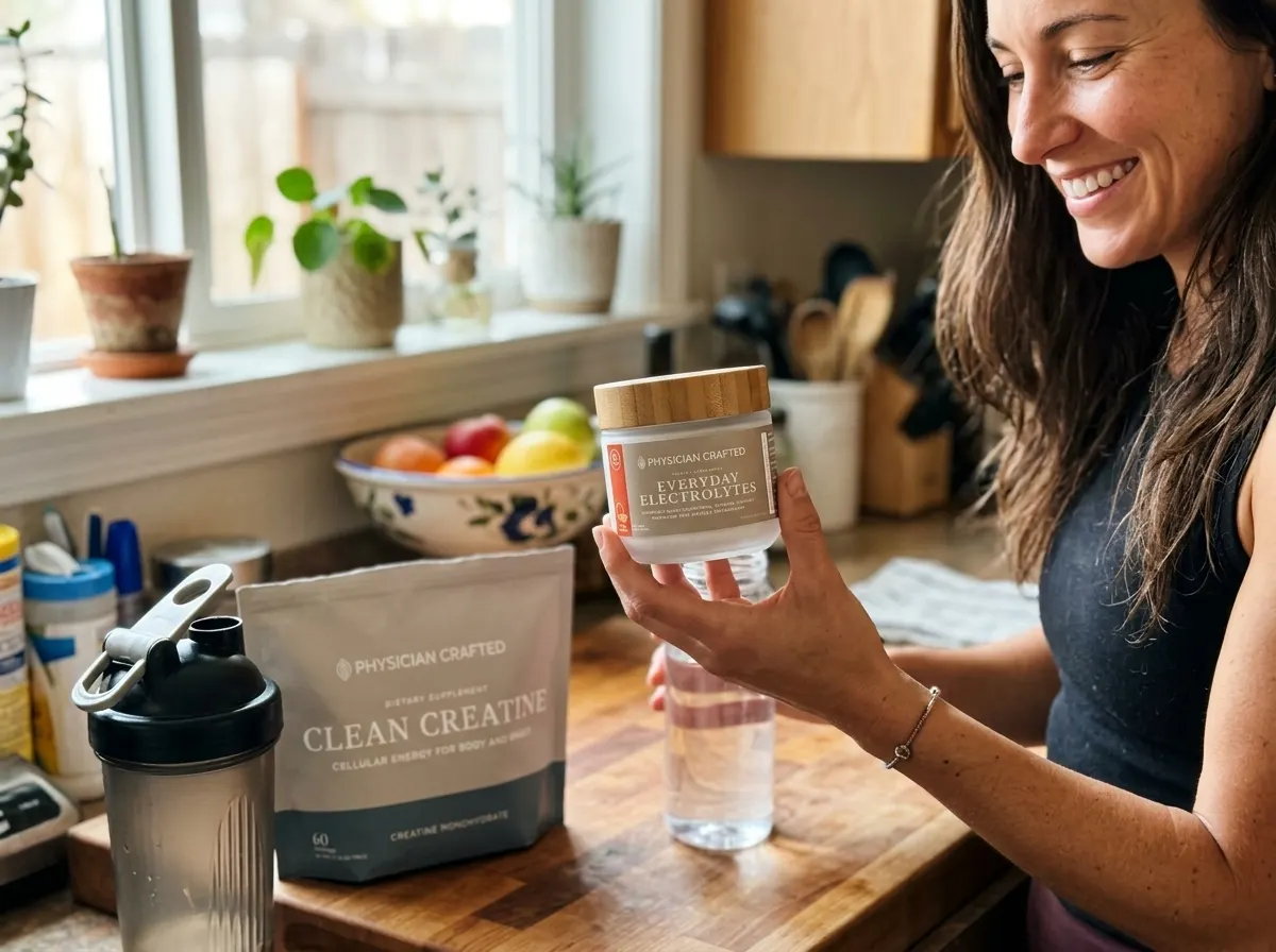 photograph of Physician Crafted in a real in-use moment — the product placed or held prominently in a warm, authentic ever...