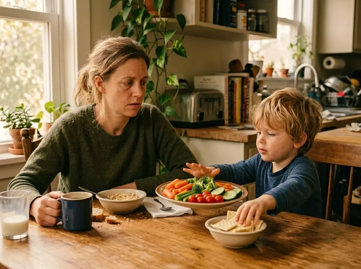A parent with their young child at a kitchen table during breakfast, morning natural window light streaming from the left....