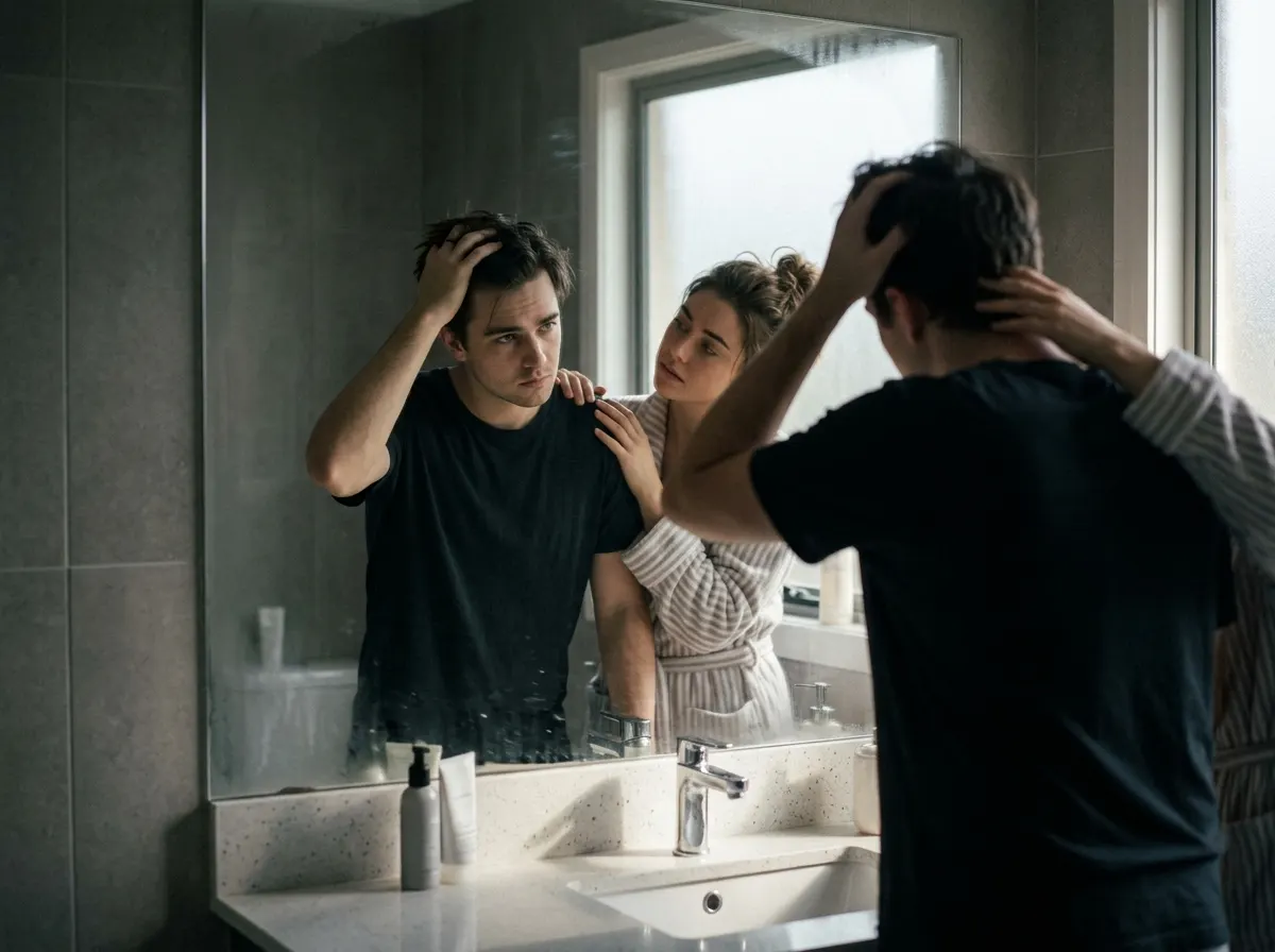 A person staring at their reflection in a bathroom mirror the morning after washing, running fingers through limp hair wit...