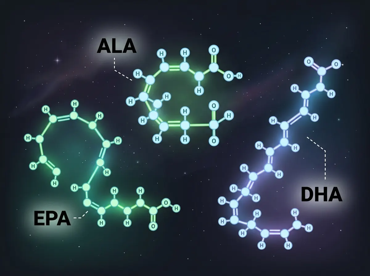 Three glowing molecular structures floating in dark space, each a different simplified omega-3 shape rendered in soft tran...