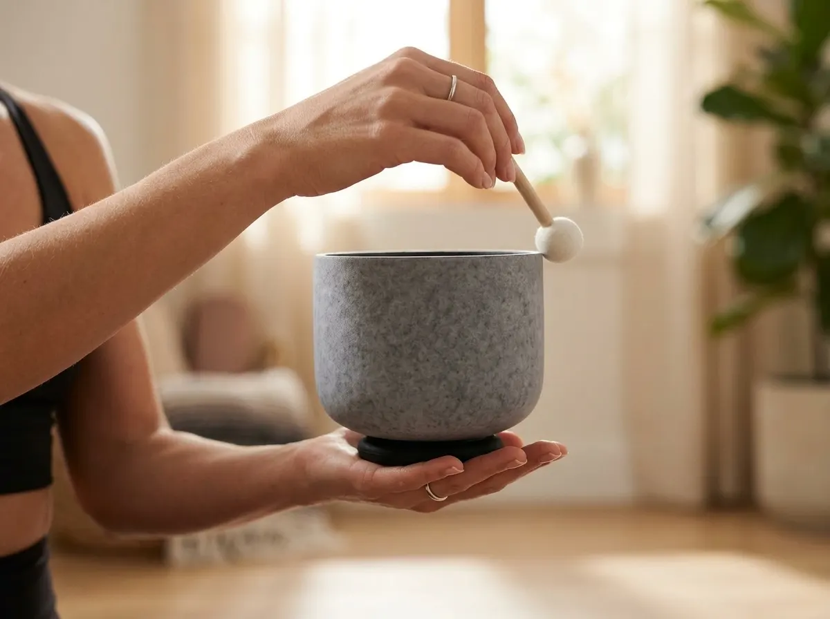 Close-up of a woman's hands holding a glossy frosted crystal singing bowl at chest height, fingers positioned to strike it...