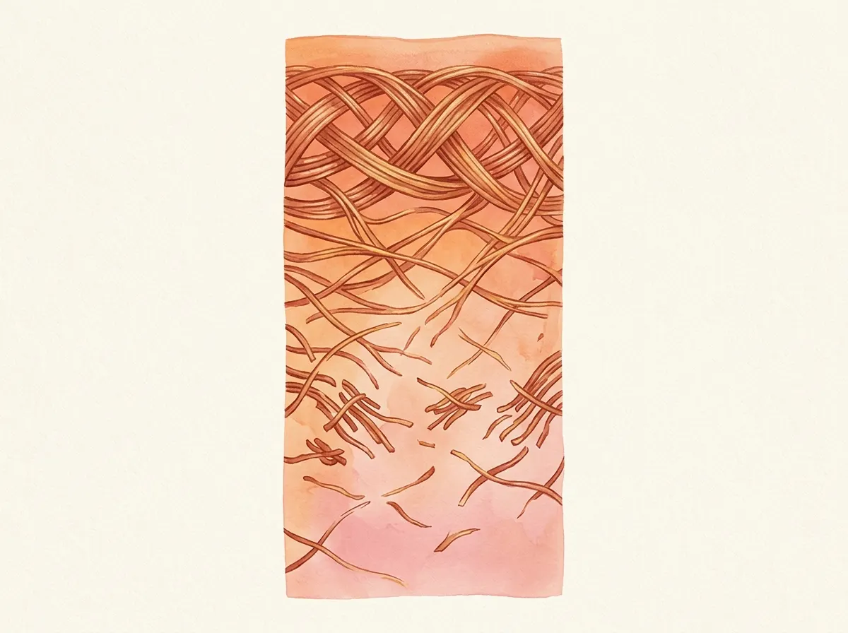 Left panel: A stylized illustrated cross-section showing a network of collagen fibers in a warm orange-pink gradient appea...