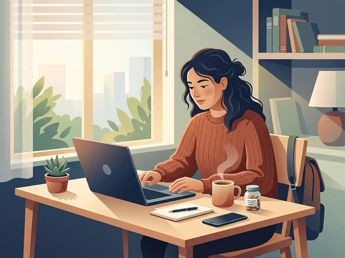 Real candid moment — someone at a desk in the morning, coffee or supplement nearby, natural light, focused and calm. Shot ...