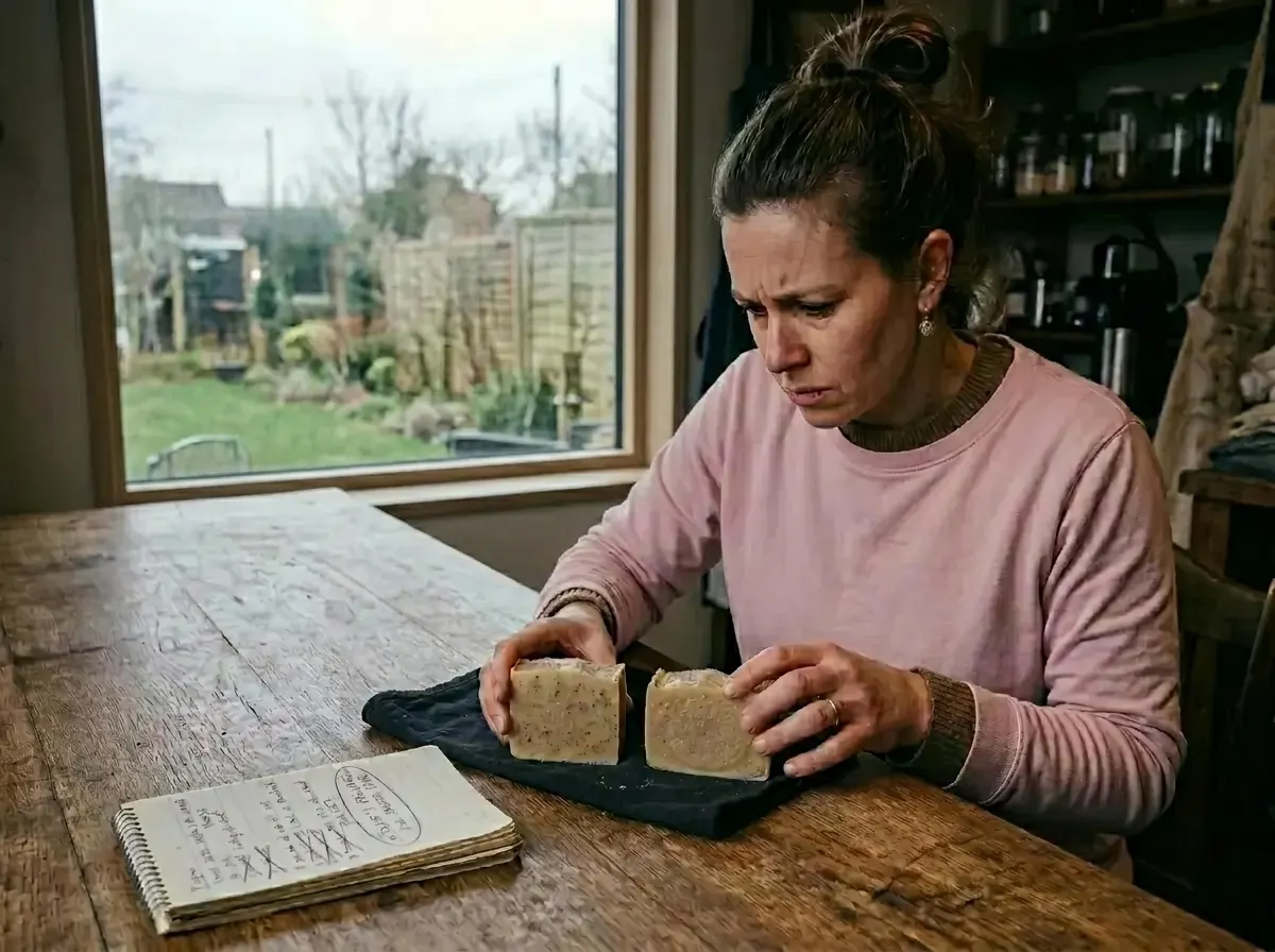 A DIY cosmetic maker at a worn wooden worktable examining two soap bars side by side with concern, one bar noticeably soft...