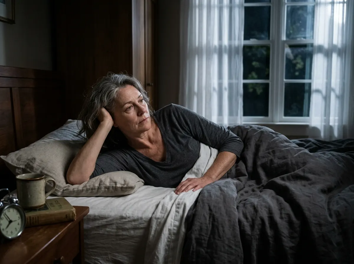 A woman in her late 50s lying awake in bed at 3am, propped on one elbow, soft moonlight through sheer curtains casting gen...