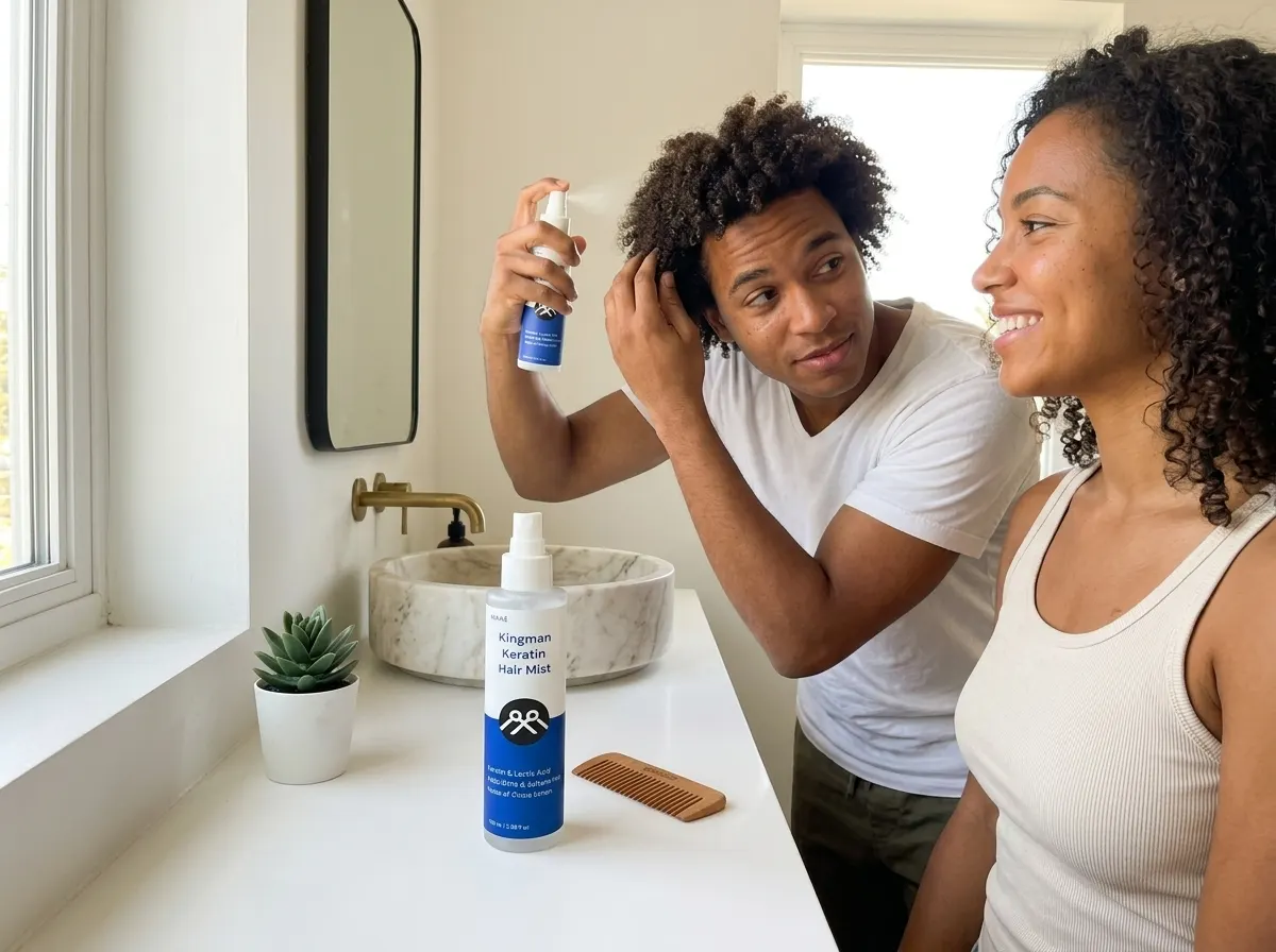 A frosted glass spray bottle of keratin leave-in hair mist on a clean white bathroom counter next to a comb and small gree...