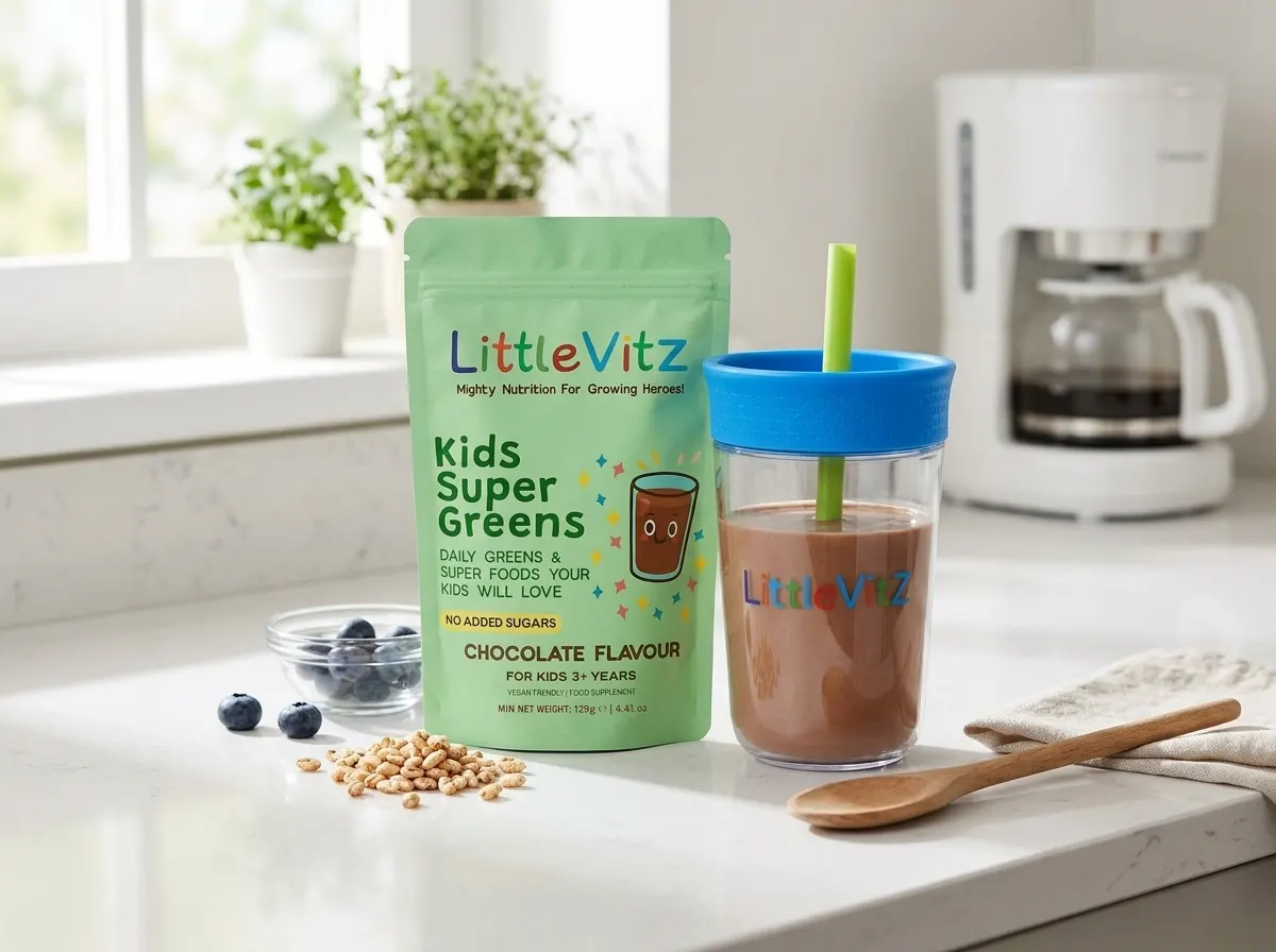 A slim frosted glass bottle or canister of chocolate-flavored greens powder sits centered on a clean white kitchen counter...
