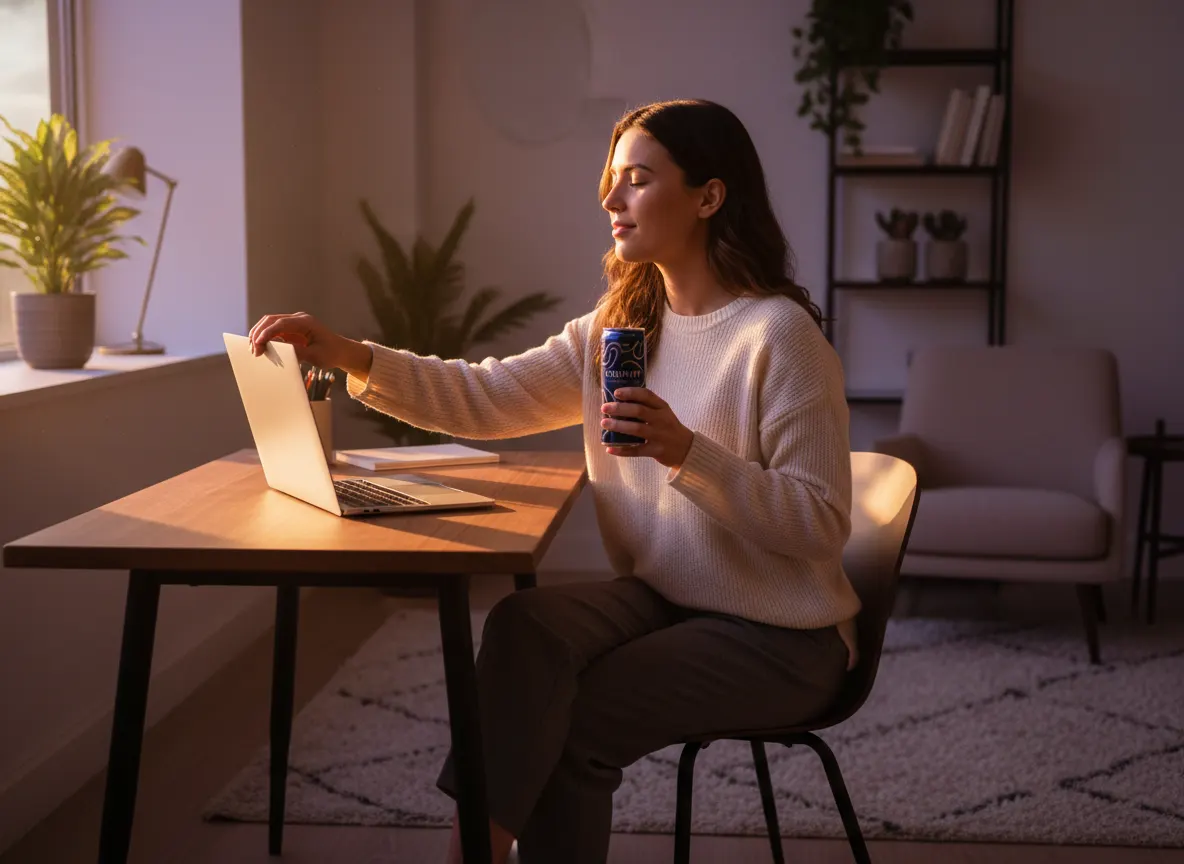 A millennial in a modern home office, closing laptop at dusk, holding a sleek non-alcoholic functional beverage can, exhal...