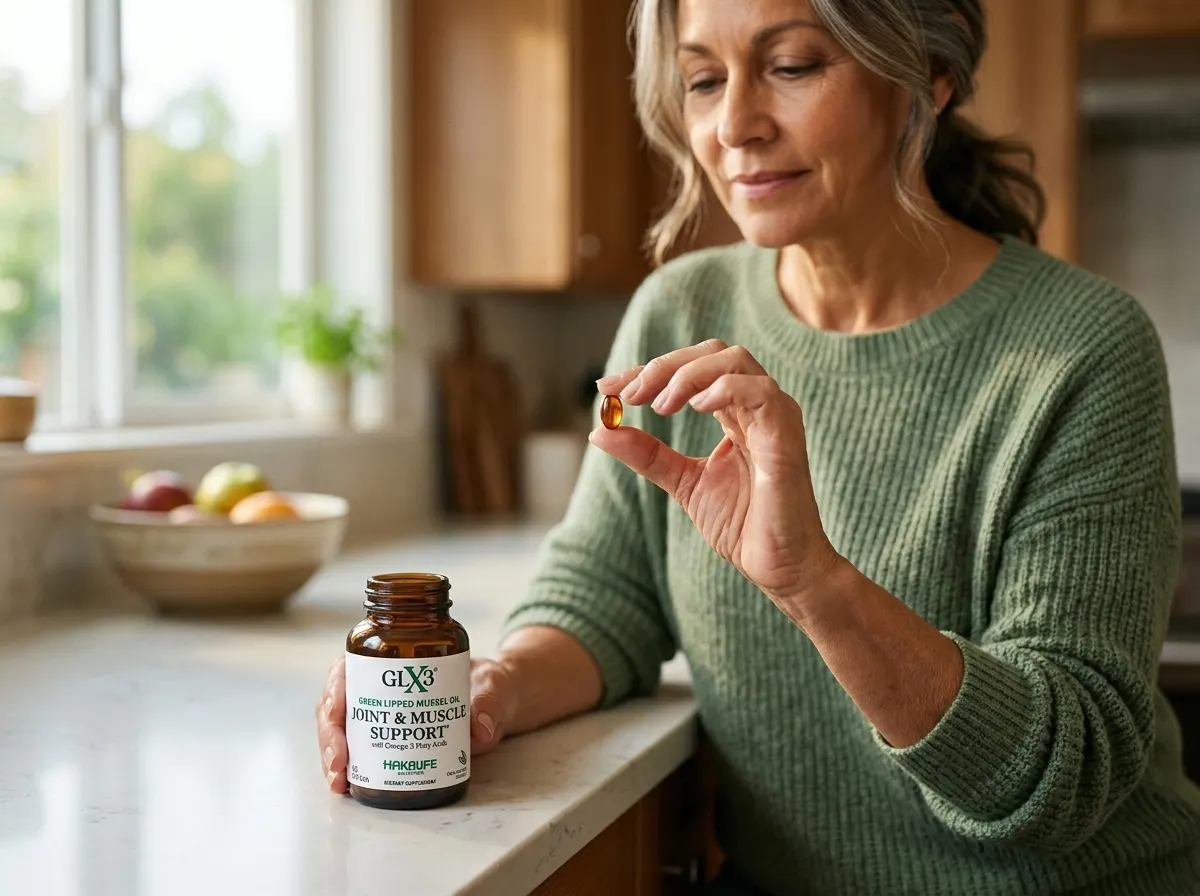 A woman in her 50s holding a small, pea-sized soft capsule between her fingers in bright natural morning light, with a gla...