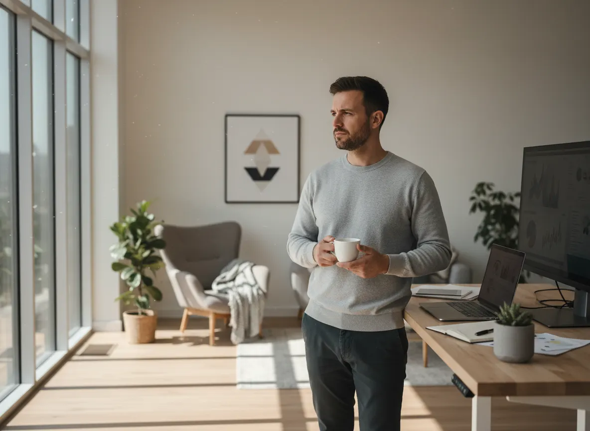A focused male entrepreneur in his early 30s at a standing desk in a bright, minimalist home office, morning light streami...