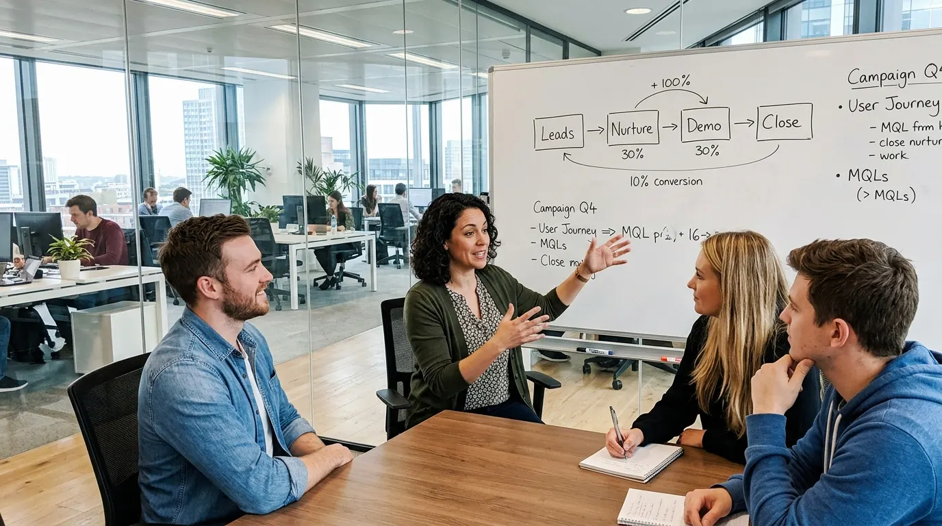 A sales manager in their late thirties seated at a glass-walled conference room table, mid-gesture explaining something to...