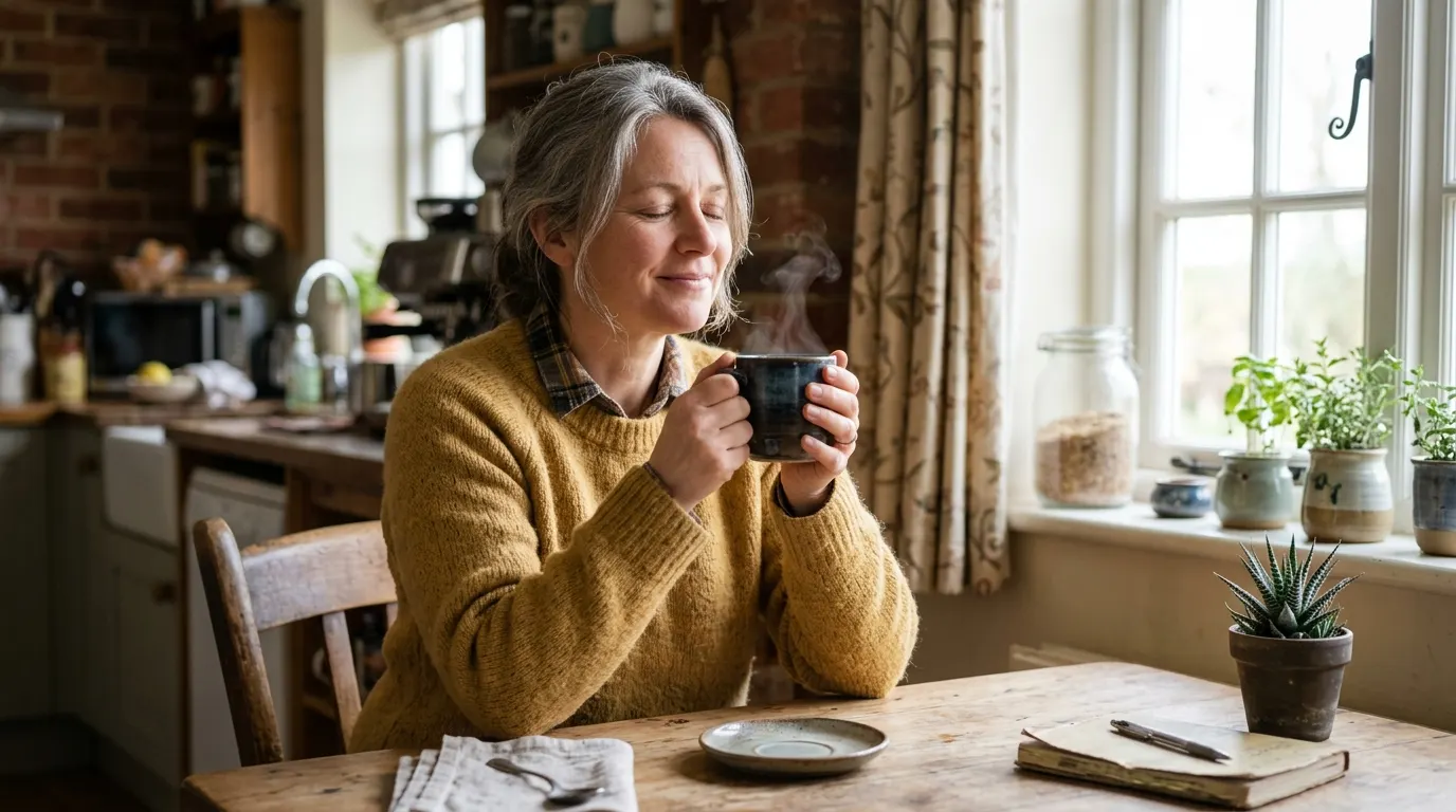 A person in their late 40s sitting at a kitchen table in soft morning light, holding a steaming mug with both hands, eyes ...