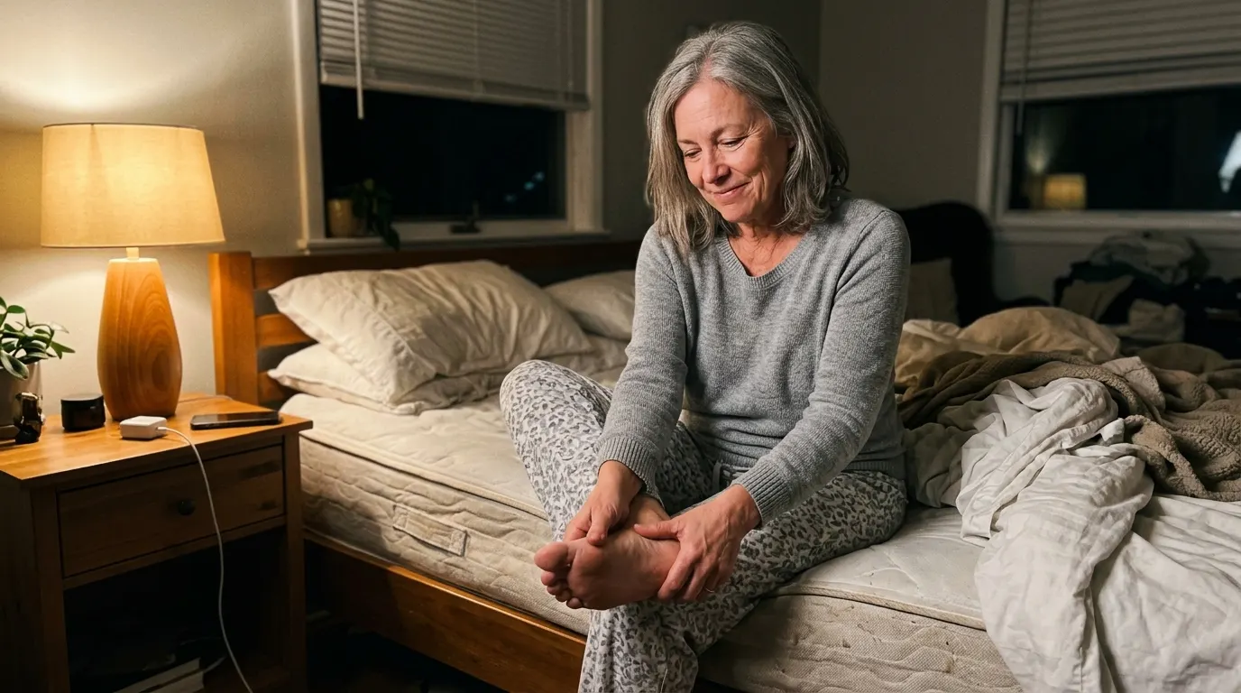 A person in their late 50s sitting on the edge of their bed at night, rubbing their foot with a tired but hopeful expressi...