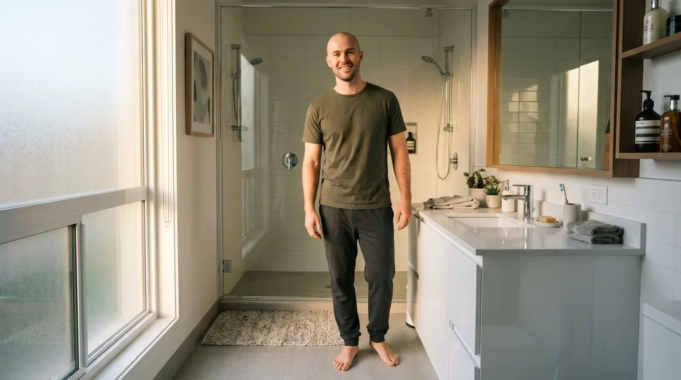 A man in his late twenties with a clean-shaven head standing in a modern bathroom at morning golden hour, natural window l...