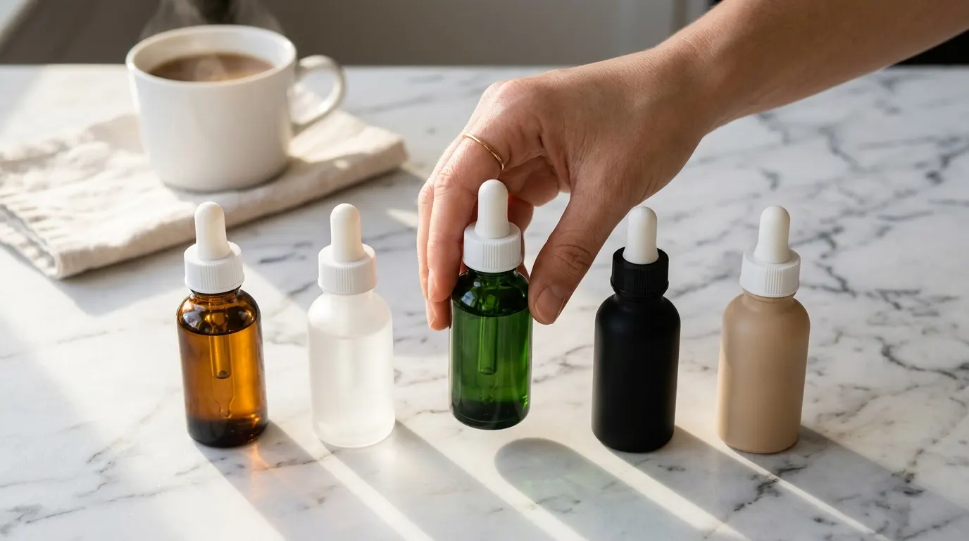 Flat lay comparison of five generic dropper bottles arranged in a neat row on a clean white marble counter, each bottle a ...