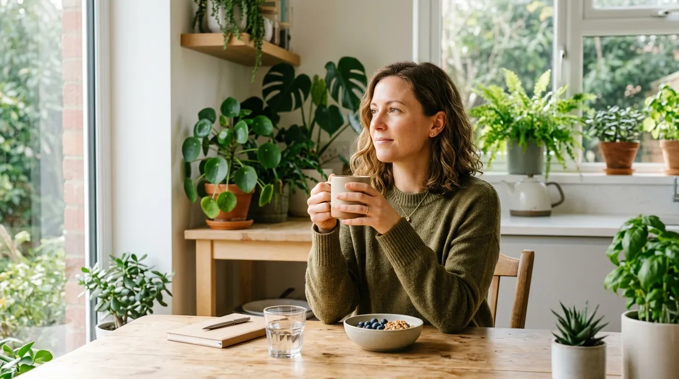 A health-conscious coffee drinker in their 30s, sitting at a bright morning kitchen table with natural sunlight streaming ...