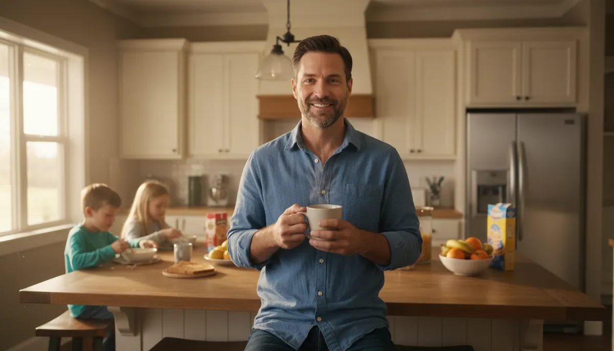 A busy father in his kitchen at early morning, holding a steaming mug of coffee, looking energized and present while child...