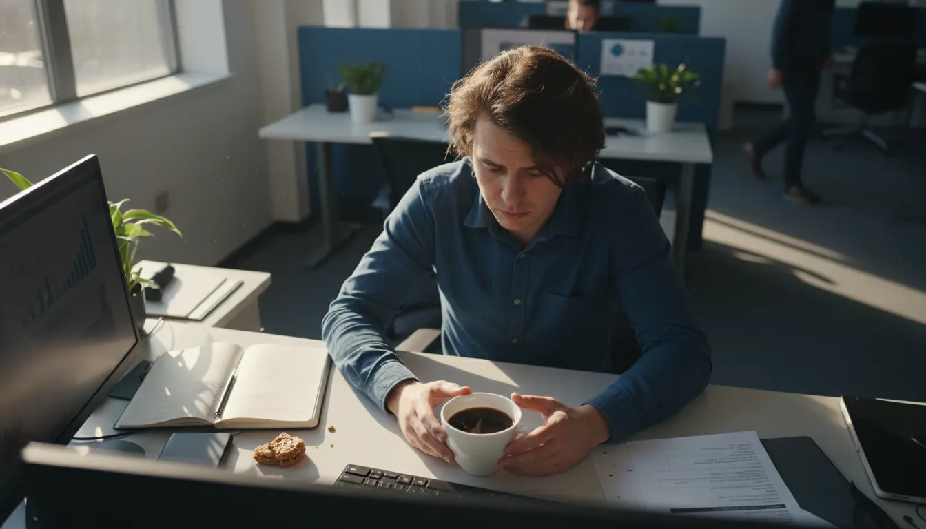 Overhead shot of a stressed professional at their desk mid-morning, hands trembling slightly near a coffee cup, looking fa...