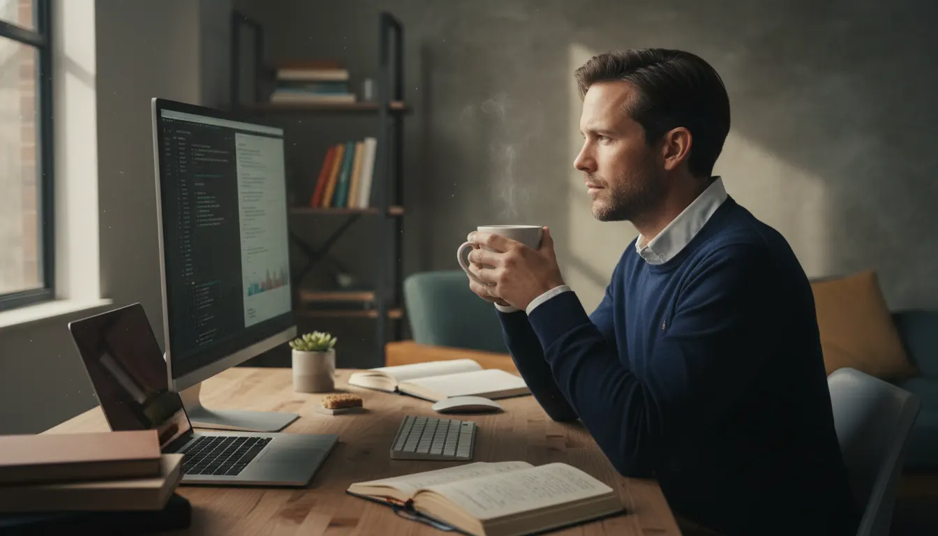 A focused professional in their late 30s at a home desk mid-morning, holding a mug of coffee with a calm, concentrated exp...