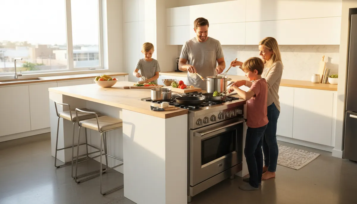 Modern bright kitchen with natural morning light, family cooking together at stove with stainless steel cookware, warm aes...