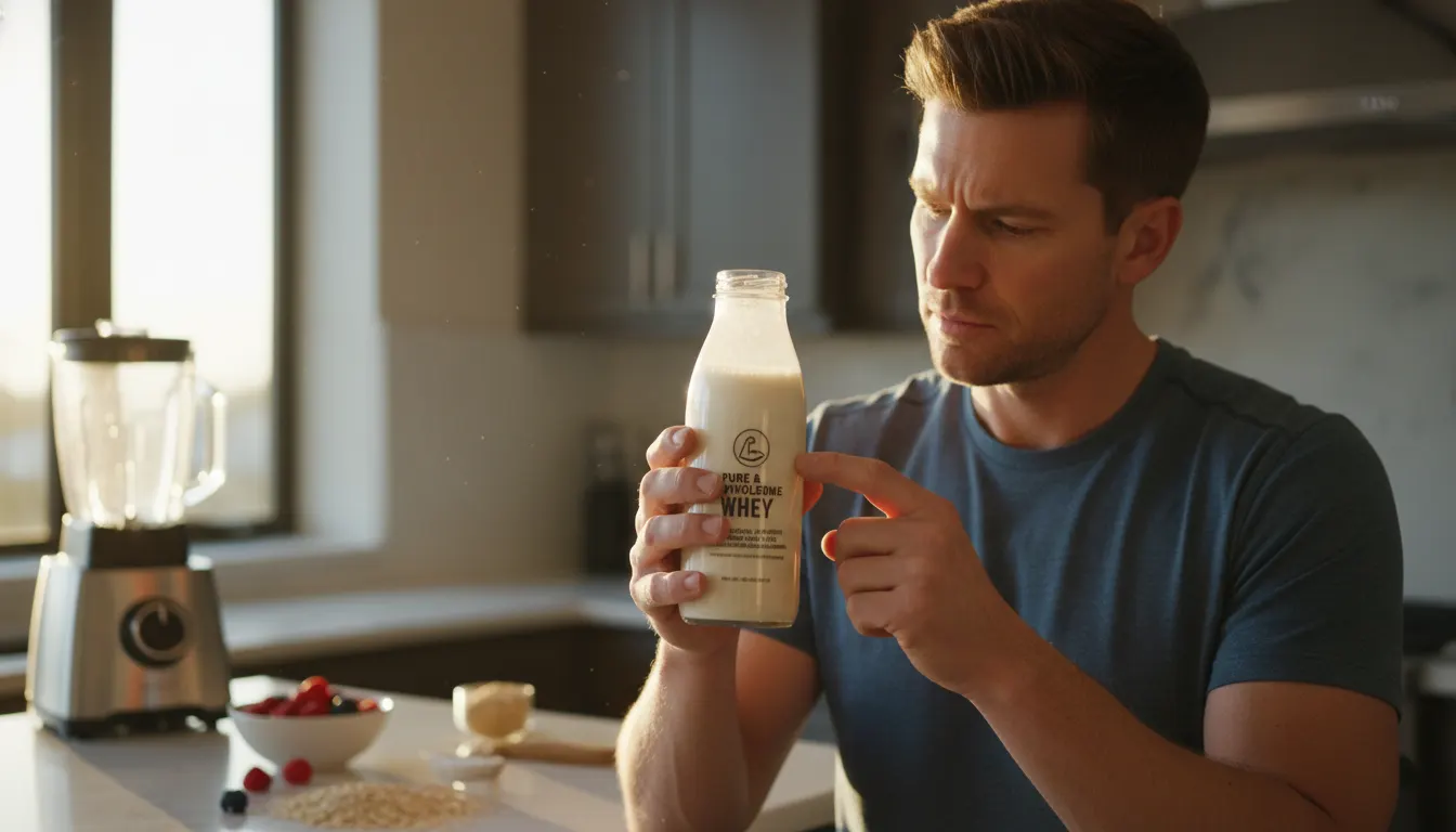 A health-conscious professional in their kitchen at dawn, holding a tall glass bottle of fresh liquid whey protein shake, ...