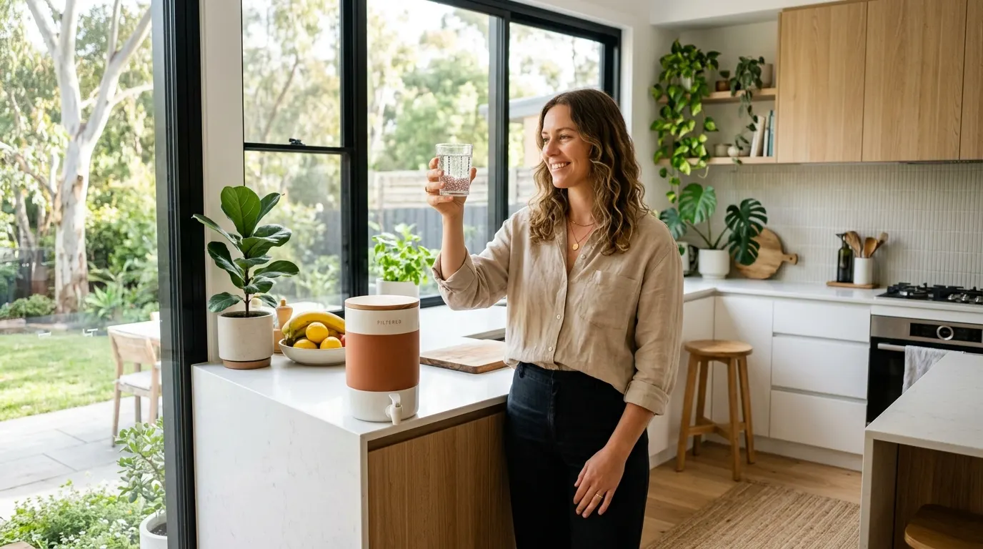 A person aged 25-34 standing in a bright modern Australian kitchen, holding a glass of filtered water up to natural mornin...