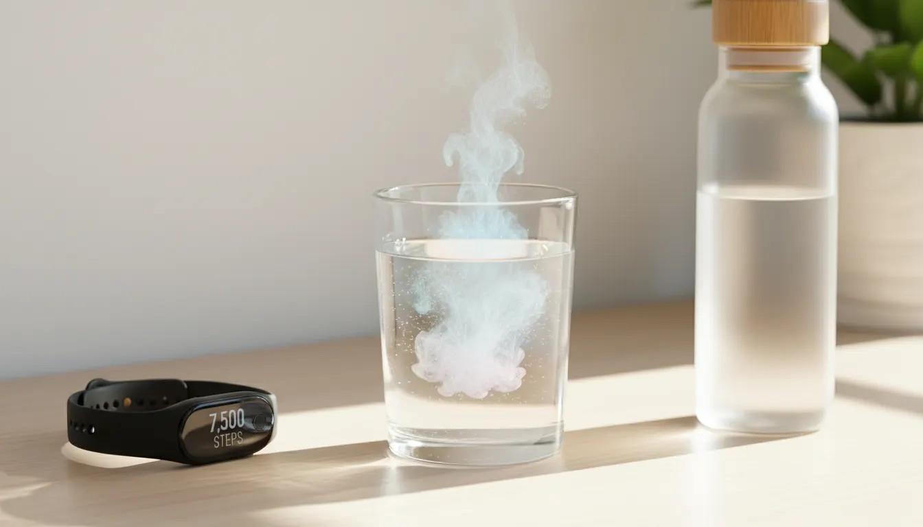 Overhead flat-lay of a glass of clean water with mineral powder dissolving into it, creating subtle swirls of light color,...