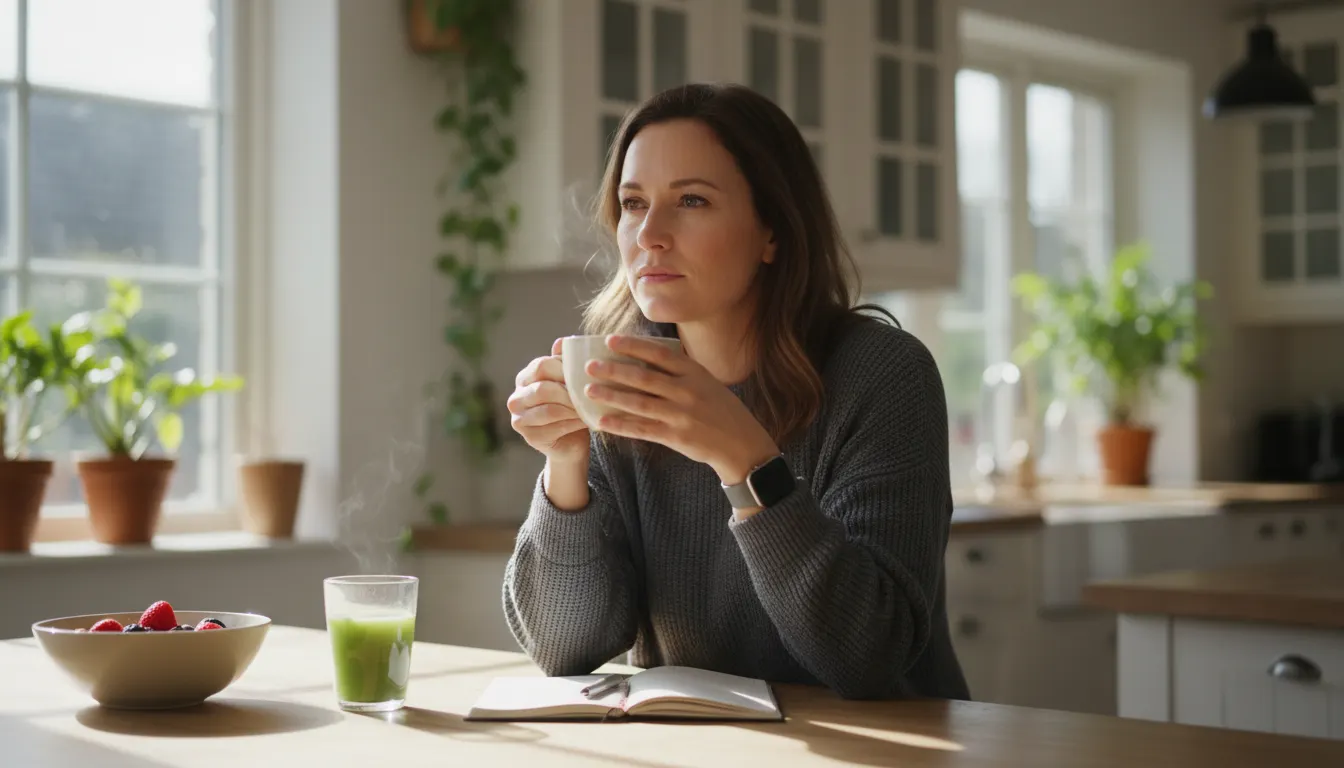 A health-conscious professional aged 30-45 at a bright kitchen counter in morning light, holding a warm mug of coffee with...