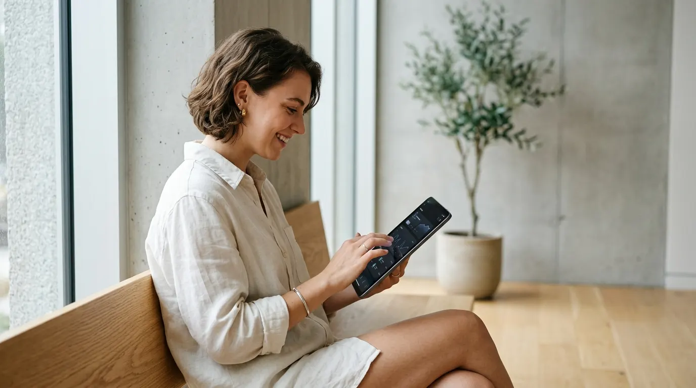 a person interacting with the product in a clean, modern environment — natural light, minimal background, real-moment ener...