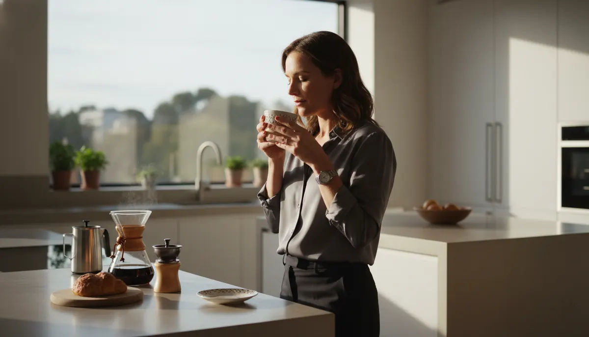 Professional woman in modern kitchen enjoying morning coffee ritual, natural sunlight streaming through window, warm and f...