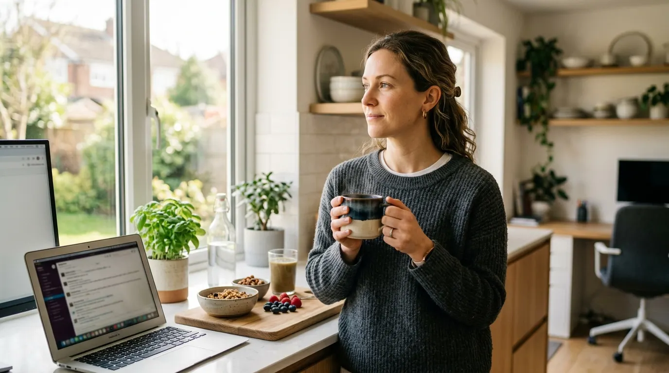 A health-conscious office worker in their 30s mid-morning at a bright kitchen counter, cradling a warm mug of coffee with ...
