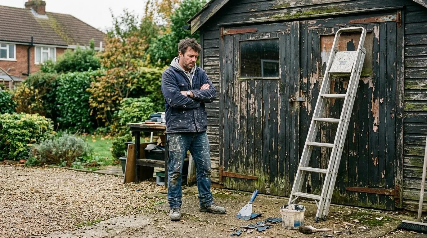 A UK homeowner, mid-40s, standing in front of a weathered timber garage on a suburban driveway, ladder and paint scraper v...